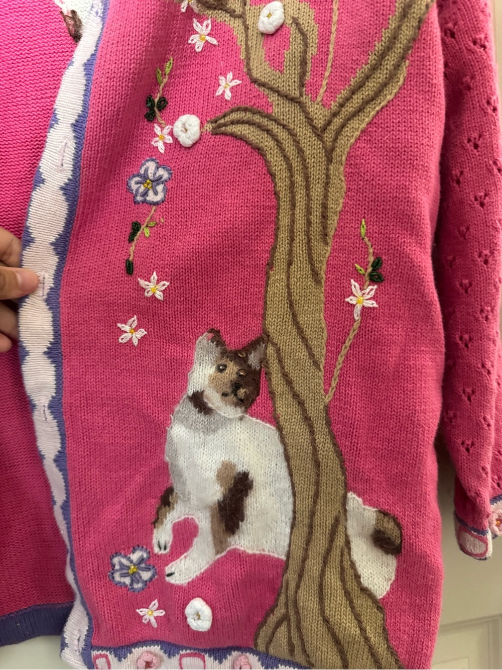 Storybook Knits Pink Embroidered Cat Floral Button V-Neck Cardigan Sweater 1X - Picture 7 of 10